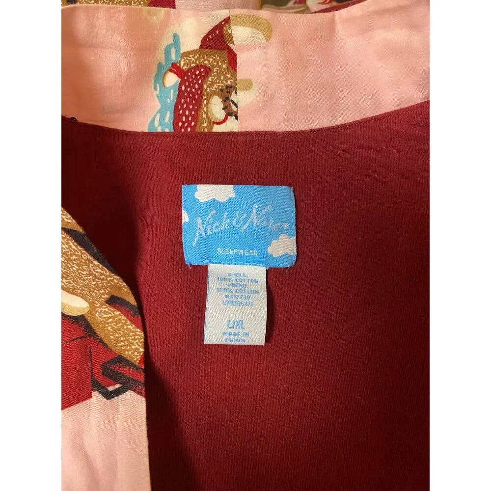 NICK & NORA L / XL Belted Lined Front Pockets Pink Sock Monkey Robe